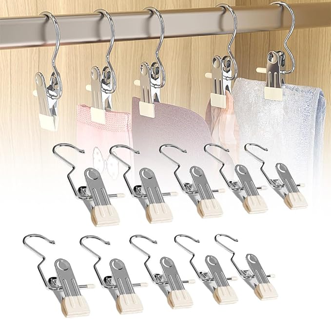 2024 New Space-Saving Clothespin Hat Pants Storage Hanging Travel Hook, Portable 360 Rotating Stainless Steel Hanging Hook Clips Towel Clips, Multifunctional Home Travel Hangers (White, 10PCS)