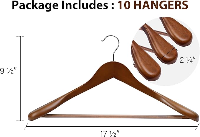 StorageWorks Wooden Hangers 10 Pack, Extra Wide Shoulder Wood Coat Hanger for Coats, Shirts, Jackets, Pants, Suits, Light Walnut Color
