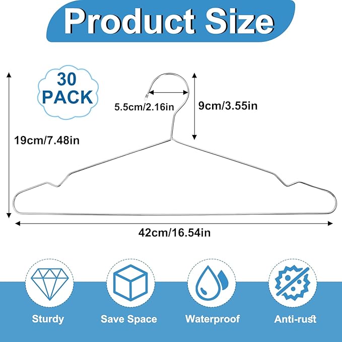 Stainless Steel Silver Metal Coat Hangers with Non Slip Notch - Ultra Thin Space Saving Wire Hangers, 30 Pack (16.5 Inch)