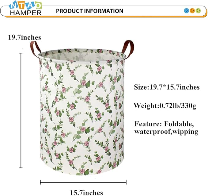 Large Round Canvas Linen Laundry Hamper,Waterproof Storage Bin for Books/Clothes, Laundry Basket, Gift Basket(Eucalyptus leaves)