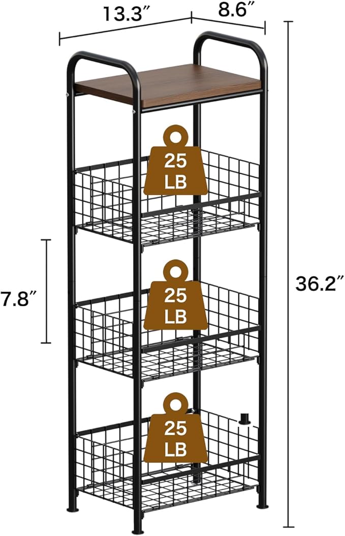 wonline 4 Tier Slim Metal Storage Cart with Walnut Wood Top Kitchen Organizer Shelf Fruit Basket Stand for Small Spaces Office Bathroom Laundry Room