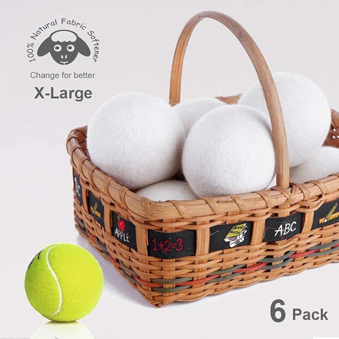 Wool Dryer Balls Organic XL 6-Pack, 100% New Zealand Wool Chemical Free Fabric Softener for 1000+ Loads, Baby Safe & Hypoallergenic, Fabrics Soft and Fluffy Naturally