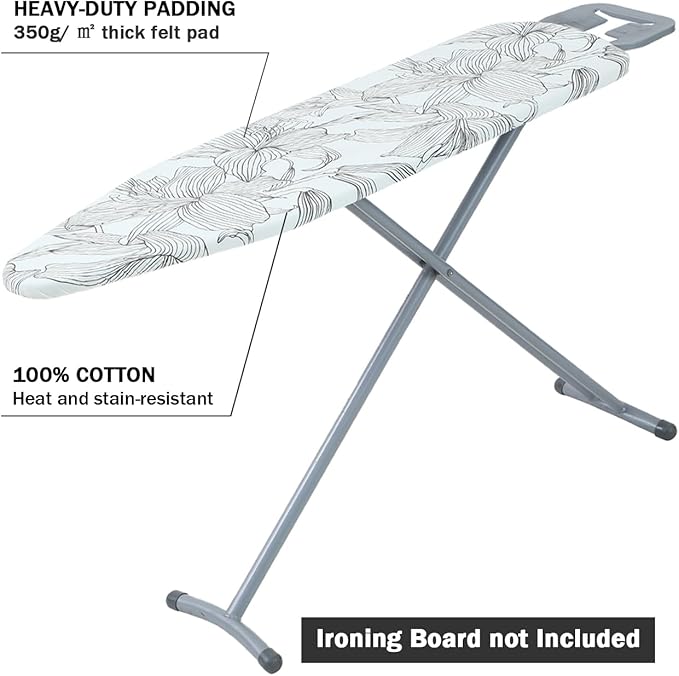 Ironing Board Cover and Pad Standard Size 15" x 54",3 Pairs of Hook and Loop Fastener Straps,Elastic Edges,Cotton Iron Board Cover with Scorch Resistant Thick Padding(Line Flower)