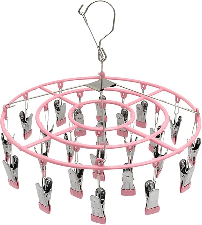 Stainless Steel Clothes Sock Drying Rack with 24 Clips, Swivel Hook Windproof Clothes Hanger Rack for Sock, Bras, Towel, Underwear, Laundry Clothes, Hat, Scarf, Pants, Gloves (Pink Clips)