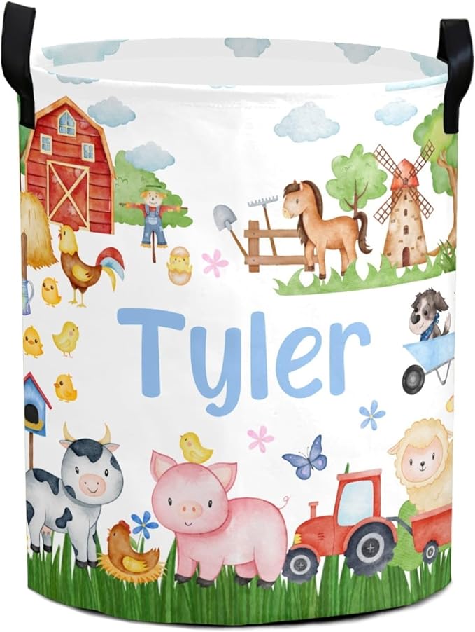Large Custom Name Laundry Hamper, Farm Personalized Dirty Clothes Hamper Storage Basket with Name for Bathroom Bedrooms, Customized Name Circular Hamper with Handles for Baby Boys Girls Men Women