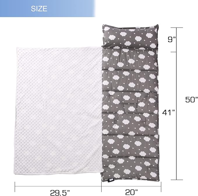 Toddler Nap Mat with Pillow and Minky Blanket,Soft Rolled Napping Mats for Boys and Girls,Lightweight Daycare,Preschool,Travel Toddler Sleeping Slumber Bags-50×20”(Cloud)