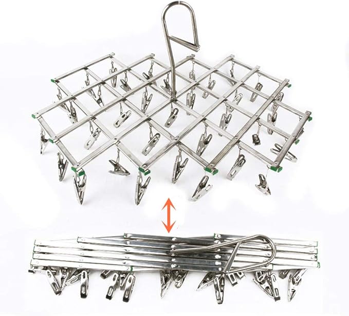 Seven Stainless Steel Socks Drying Rack with 35 Clips, Rustproof Clothes Hanger Washing Line Windproof Hanging Dryer for Socks Underwear Towels Scarves Shirts Etc.