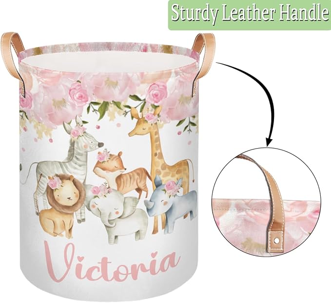 Personalized Laundry Basket, Custom Gift Laundry Hamper, Collapsible Nursery Waterproof Laundry Baskets, Dirty Clothes Toy Hamper with Handles Girl Safari Animals
