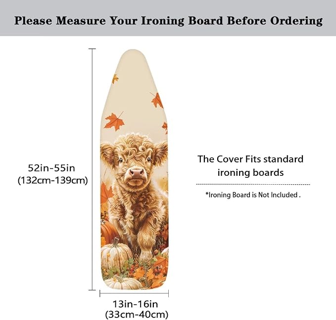 SEANATIVE Thanksgiving Day Ironing Board Cover and Pad 15x54 Inches, Aesthetic Iron Board Covers Washable Cloth Cover for Most Standard Size Board, Pumpkins Highland Cow