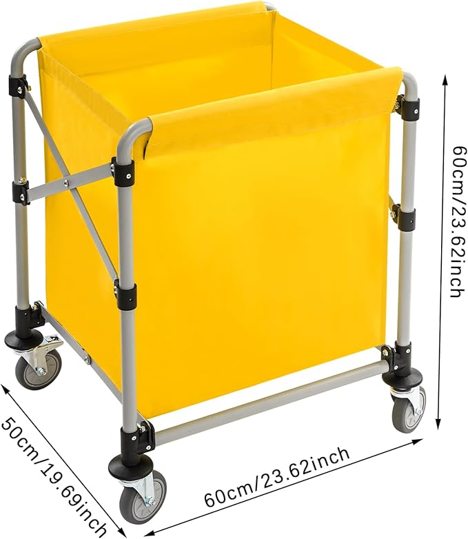 Commercial Laundry Cart, Laundry Basket with 360° Swivel Casters, Folding Laundry Cart Hamper on Wheels Heavy Duty Steel Frame 220 lbs Capacity Large Rolling Laundry Baskets Trucks (Yellow)