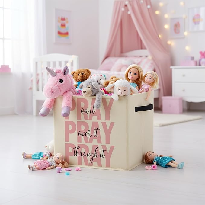 Pink Christian Storage Bin Box with Handles, Pray on It Pray over It Bible Verse Religious Foldable Baskets Organizer for Bedroom Bathroom Home Clothes Toys Books, Toybox for Girls