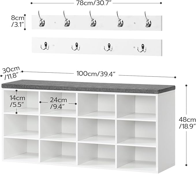 HOOBRO Shoe Storage Bench with Cushion, 39.4" L Entryway Bench with 12 Cubbies, Entryway Hall Tree with Storage, Cubby Shoe Rack Bench with Coat Rack for Hallway, Holds up to 330 lb, White WT112HX01