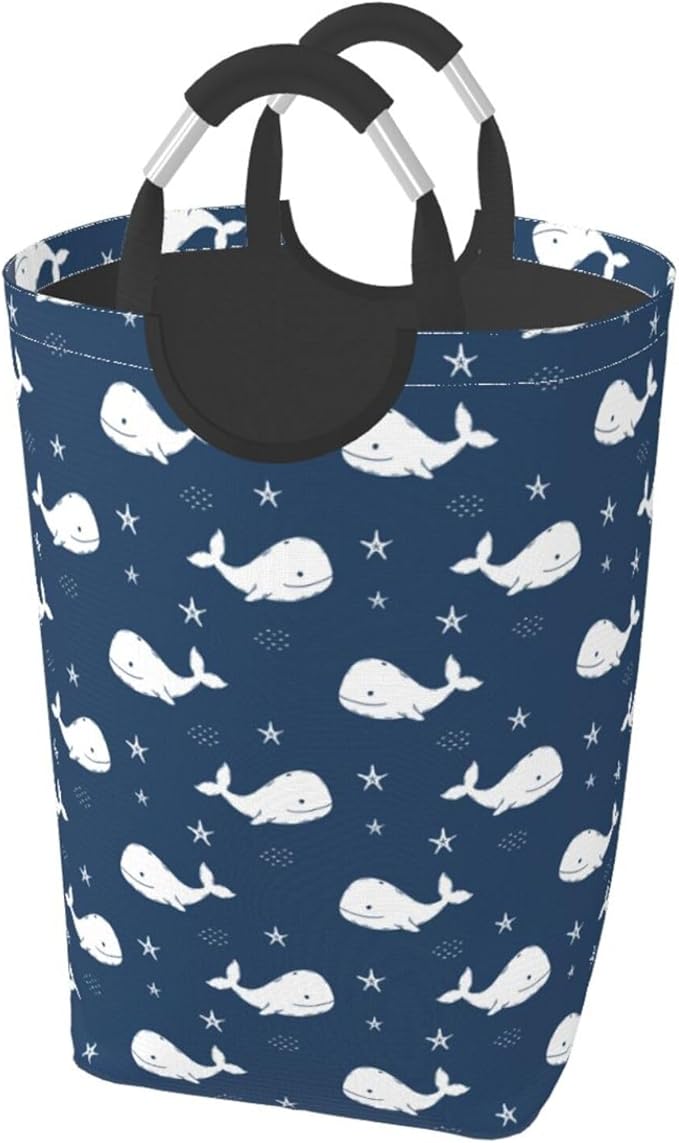 Blue Whale Laundry Basket Navy Blue Foldable Laundry Hamper Ocean Animal Collapsible Laundry Baskets with Handles Clothes Hamper Laundry Tote Bag for Dorm Family Storage Bin 50L