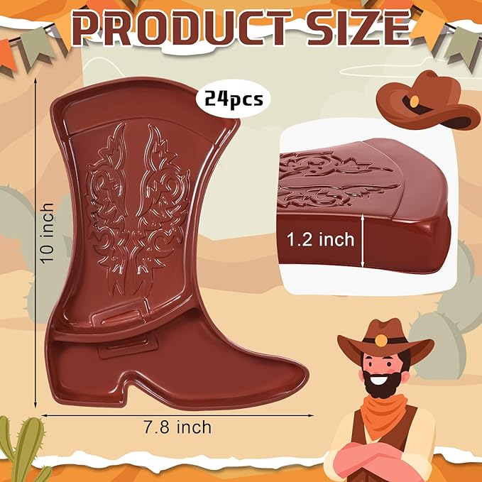 Uiifan 24 Pcs Cowboy Boot Party Serving Trays, Disposable Plastic Compartment Plates Boot Shaped Plates Western Theme Party Decorations Tableware for Cowboy Cowgirl Birthday Supplies (Brown)
