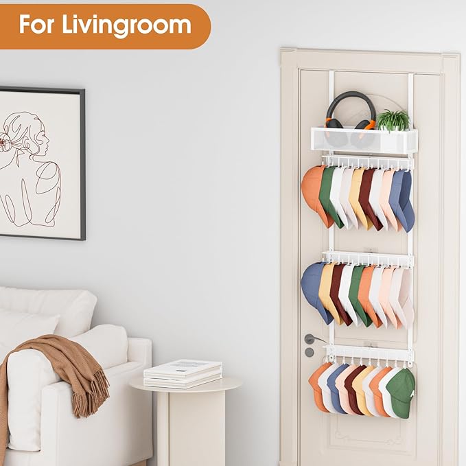 3 Tier Over Door Hat Rack with Basket - Hat Organizer Holder for Baseball Cap with 18 Hooks and 10 Movable Clips,Hat Hanger Storage Holds up to 28+ Caps for Door, Bedroom, Closet (White)