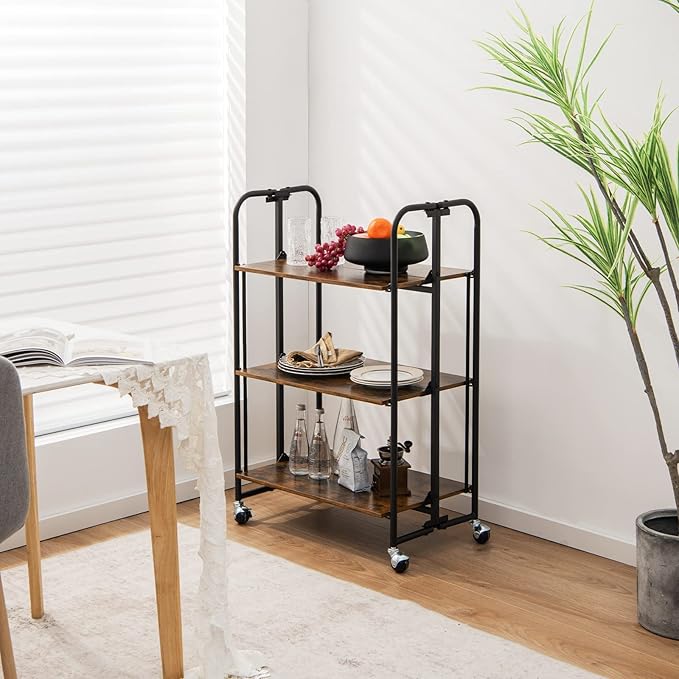 Giantex Foldable Storage Shelves with Wheels, No Assembly 3-Tier Rolling Cart, 2 of The Wheels Have Locks, Microwave Utility Cart Baker Rack, Portable Storage Rack w/Metal Frame, for Kitchen, RV