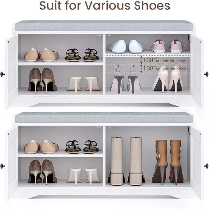 2-Tier Shoe Storage Bench, 39.4" W Shoe Bench with Padded Seat Cushion, Entryway Bench with Handles, 2 Doors, Adjustable Shelf for Living Room, Bedroom, Front Door, Hallway, Closet - White