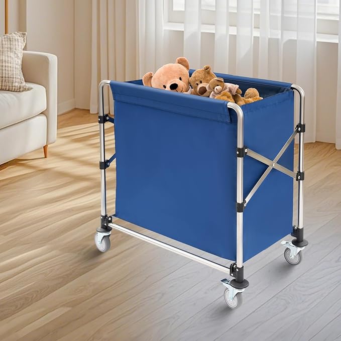 Commercial Laundry Cart with Wheels, 220lbs Laundry Cart for Home Hotel, Capacity Heavy Duty Rolling Hamper with 4 Locking Wheels and Oxford Cloth for Home, Dorm, Hotel, and Commercial Use (Blue)