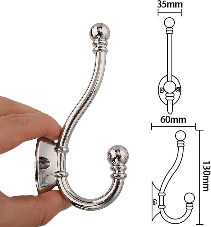 HASWARE 6 PCS Double Prong Robe Hook, Large Dual Coat Hooks with 12 Pieces Screws Wall Mounted Hooks Robe Antique Hooks Hangers Heavy Duty for Home Coats Hat Clothes Hanger Towel Keys (Chrome)