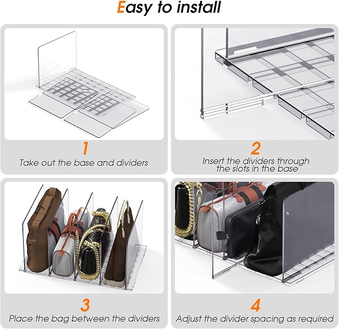 Purse Organizer for Closet, 5 Pack Adjustable Acrylic Shelf Dividers for Closet Organization, Closet Organizers and Storage, Purse Separator Handbag Storage Organizer, Purse Dividers for Closet
