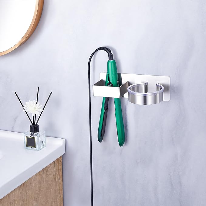 Hair Dryer Holder Wall Mount, Stainless Steel Straightener Holder, Adhesive Blow Dryer Holder and Curling Iron Holder Storage, Hair Tools Organizer for Bathroom Barber Shop Hotel