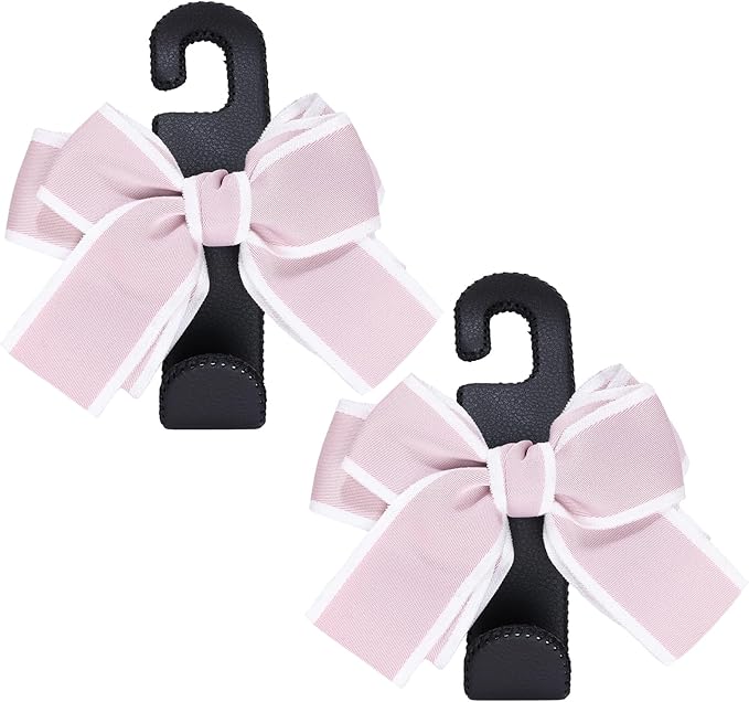 Car Purse Hook, Cute Bow Hooks for Headrest - Leather U-Shaped Purse Holder for Car, Flexible Seat Back Organizer & Durable Vehicle Accessories for Bags, Coats & More (Black&Pink-2 Pack)