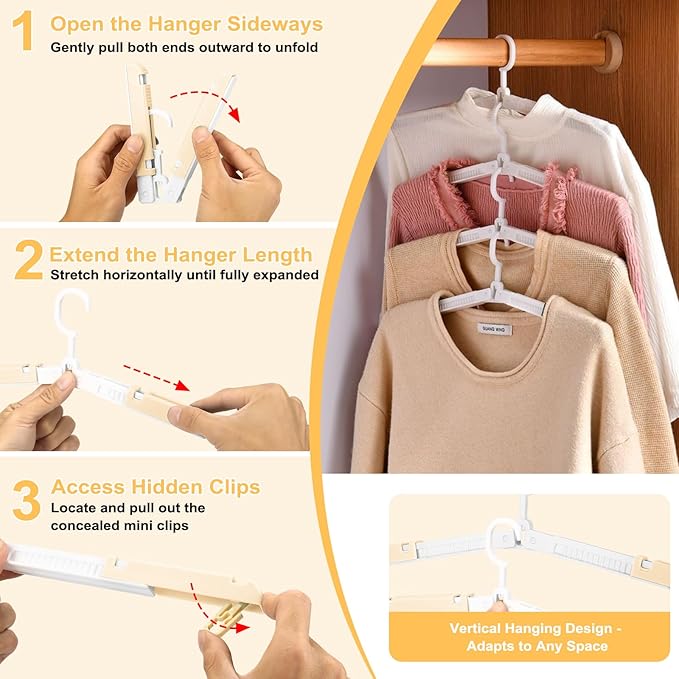 6 Pack Fodable Travel Hangers with Clips & Adjustable Clothesline, Portable Collapsible Hangers with Storage Bag for Suitcase, Hotel, RV, Cruise Essentials Set (Beige)