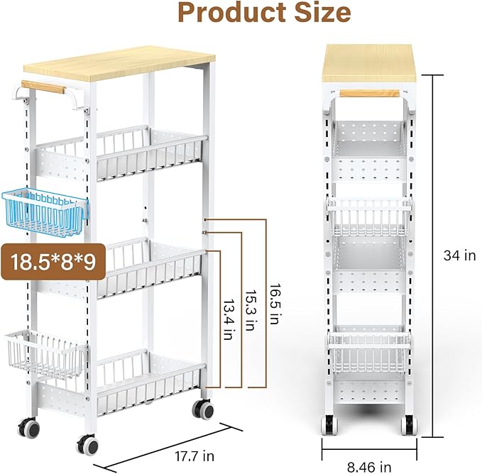 7.8 Inch Ultra-Slim 4-Tier Rolling Storage Cart with Adjustable Shelves - Lockable Wheels & Wooden Top for Narrow Spaces Between Washer/Dryer, Bathroom, Kitchen Organization (White)
