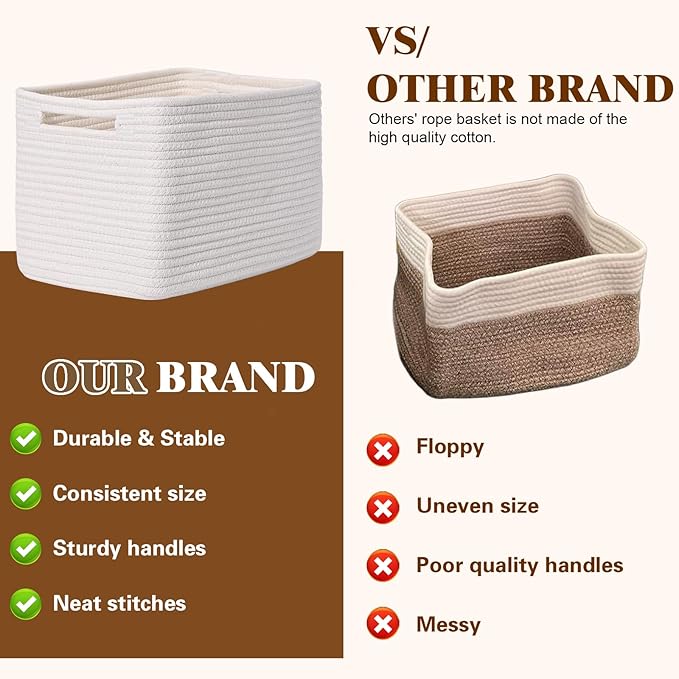 Storage Baskets for Organizing, 4 Pack Baskets for Shelves, Decorative Storage Bins for Shelves, Cotton Rope Storage Basket with Handles, Woven Basket for Storage, 13''Lx8.7''Wx7.9''H, White