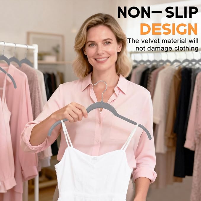 Gray Velvet Hangers 30 Pack, Non-Slip Felt Hangers with Shoulder Notches, Slim Space Saving Clothes Hangers with 360°Swivel Hook for Shirts Heavy Coats Clothes Dresses Closet(Gray)