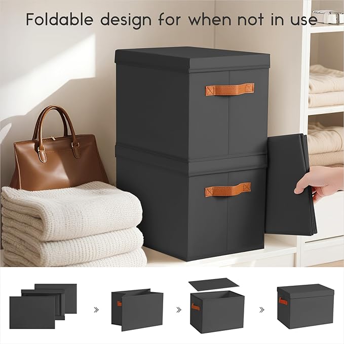 Storage Bins with Lids - Large Fabric Closet Bins with Lid, 5 Pack Clothes Organizers and Storage, Collapsible Stackable Cube Basket for Home, Office, Dorm, Black