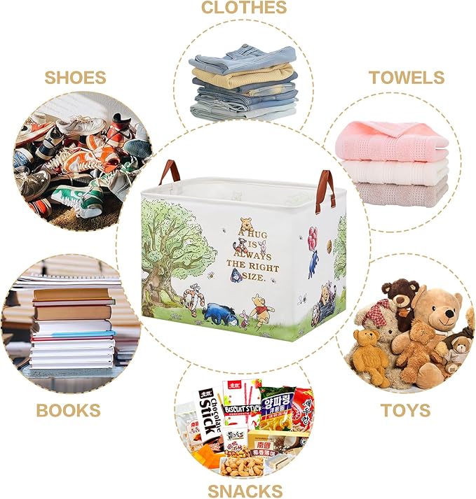 Bear Nursery Decor Storage Basket Foldable With Waterproof PE Coating, Square Large Canvas Laundry Hamper,Diaper Bag Baskets for Kids,Boys and Girls, Bathroom, Bedroom, Clothes,Toy Bin（White）