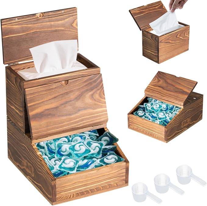 Wooden Laundry Dishwasher Pods Container,Multi-Use Dishwasher Pods Holder & dryer sheet holder, Storage with Spoons for Laundry Room & Kitchen Organization