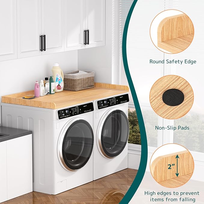 Washer Dryer Countertop 54''W x 27.5" D - Wood Laundry Countertop with Edge Rails, Space-Saving Washer Dryer Topper, Light Wood