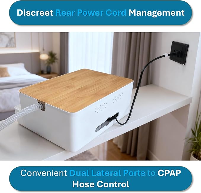 Maximun CPAP Bedside Organizer & Storage Box - Compatible With ResMed AirSense 11/10 Philips DreamStation, Sleep Apnea Machine Protector with Dual Hose Ports, Cable Management - White