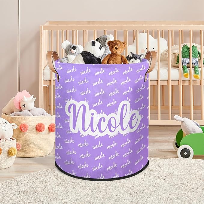 Custom Name Purple Laundry-Hamper, Personalized Kids-Clothes-Hamper Foldable with Name, Customized Storage Basket with Handles Waterproof Gift for Boys Girls Baby Women