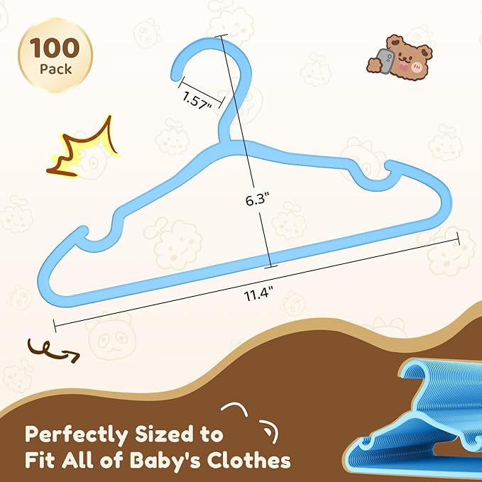 Plastic Kids Hangers - 100 Pack Non-Slip Baby Clothes Hangers for Closet, Toddler & Newborn Clothing Pants, Skirts, Coats (Blue)