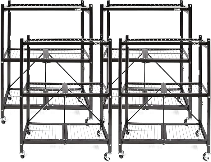 Origami 4-Pack General Purpose Foldable 3-Tier Shelf Storage Rack & Wheels, R3, Black