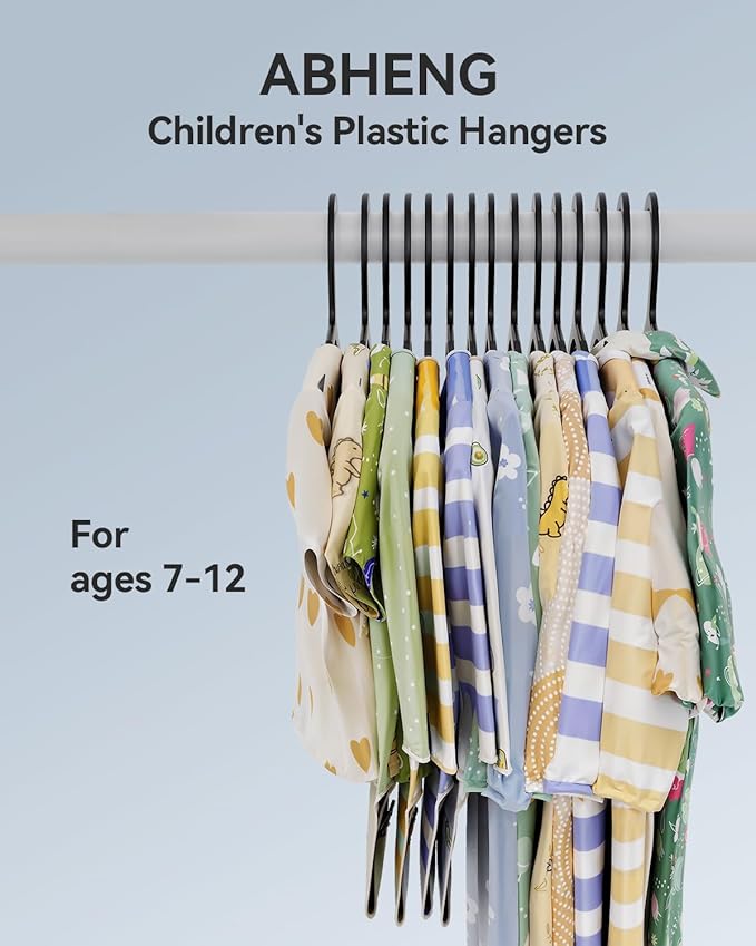 Plastic Kids Hangers, Pack of 60, Ultra Slim Closet Hangers, Non-Slip, Space-Saving, Sturdy, 14" W x 7" H (for Children Aged 7-12 Years), Black, UAPY0760B