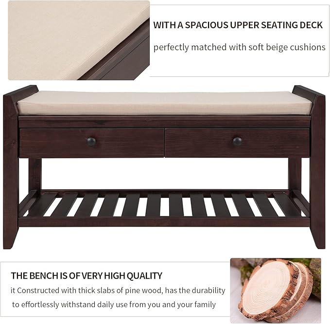 Harper & Bright Designs TREXM Shoe Rack with Cushioned Seat and Drawers, Multipurpose Entryway Storage Bench (Espresso)