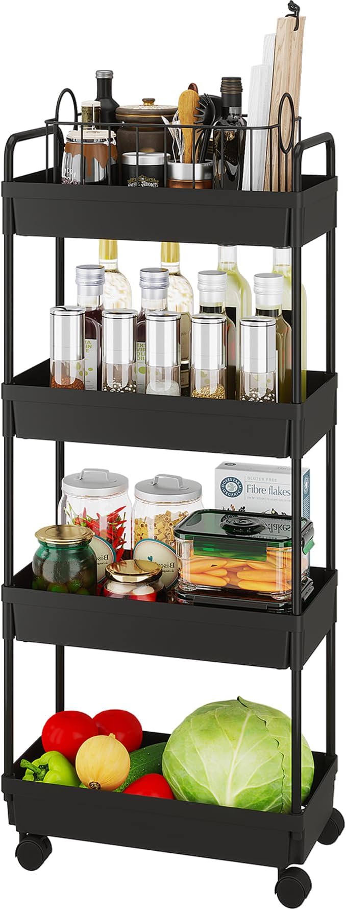 Buzowruil Rolling Storage Cart 4 Tier Organizer Mobile Shelving Unit Storage Rolling Utility Cart with Wheels for Kitchen Bathroom Laundry,Black