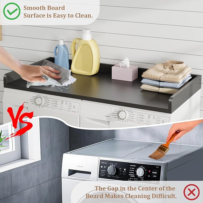 Washer Dryer Countertop, 27.5" D x 54" W x 3.2" H, Countertop for Washer and Dryer with Non-Slip Pads and Round Corner Edge Rails, Laundry Room Organization(Black)