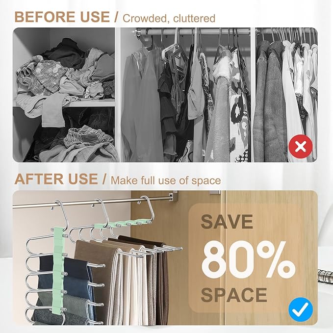 4 Pack Pants Hangers Space Saving, Anti-Slip Multi-Functional Pants Rack, Thickened Stainless Steel Tube, Two Hanging Modes Suitable for Jeans Trousers Skirts Scarf-Green