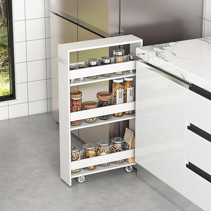 4-Tier Slim Rolling Storage Cart, Wooden Kitchen Utility Cart with Wheels & Handle, Space Saving Trolley, Slide Out Shelving Unit for Narrow Spaces, Laundry, Bathroom (White)