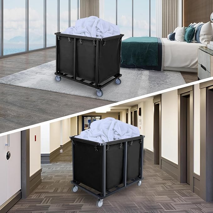 Commercial Laundry Cart with Wheels,600 lbs Heavy Duty Industrial Laundry Cart with Steel Frame and Oxford Cloth Bag,Commercial Laundry Basket for Home,Hotel,Housekeeping,400L(Black)