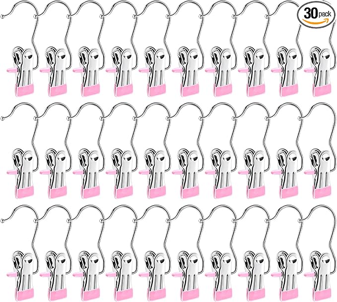 Boot Hangers for Closet,30 Pack Laundry Hooks with Clips,Stainless Steel Boot Hanger Clips,Portable Hangers Single Clip Space Saving Boot Clips for Hanging (Pink)