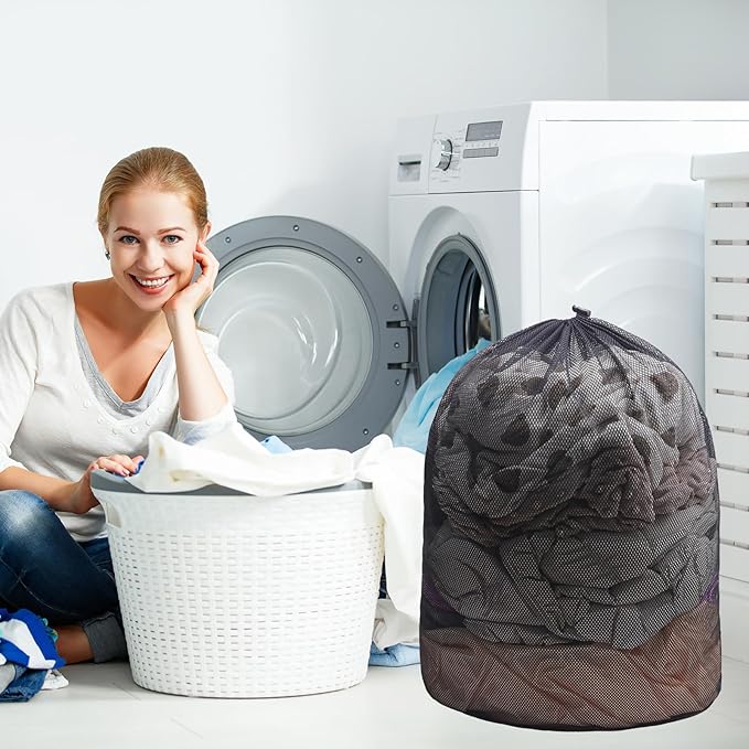 2 Pack Mesh Laundry Bags, Large Laundry Drawstring Bag Heavy Duty Large Mesh Laundry Bag with Drawstring Closure for College, Dorm, Travel, Family and Apartment Dwellers, Black
