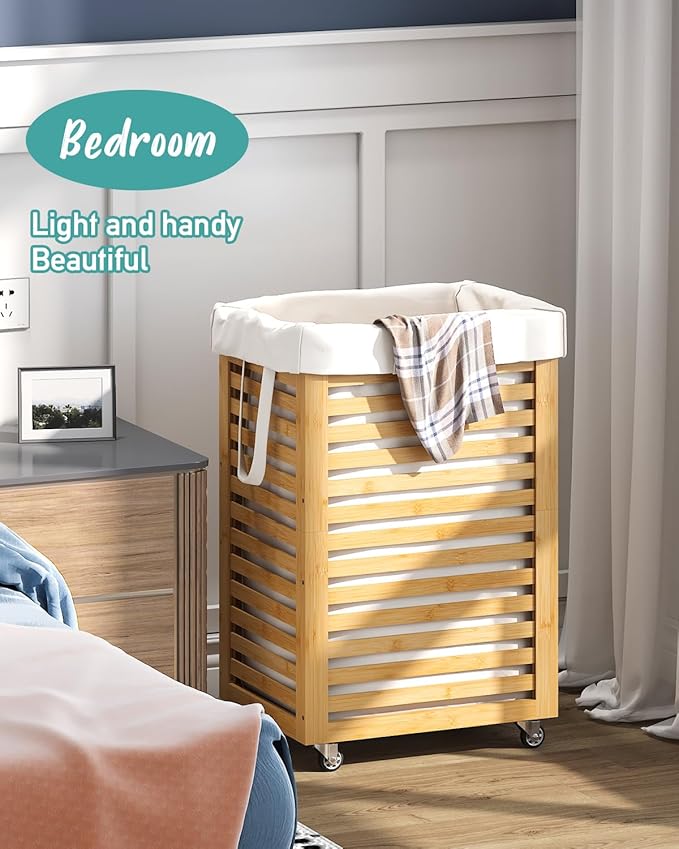 Laundry Hamper, 22.7 Gallon (86L) Bamboo Wood Clothes Laundry Basket with Wheels and Handles, Removable Liner