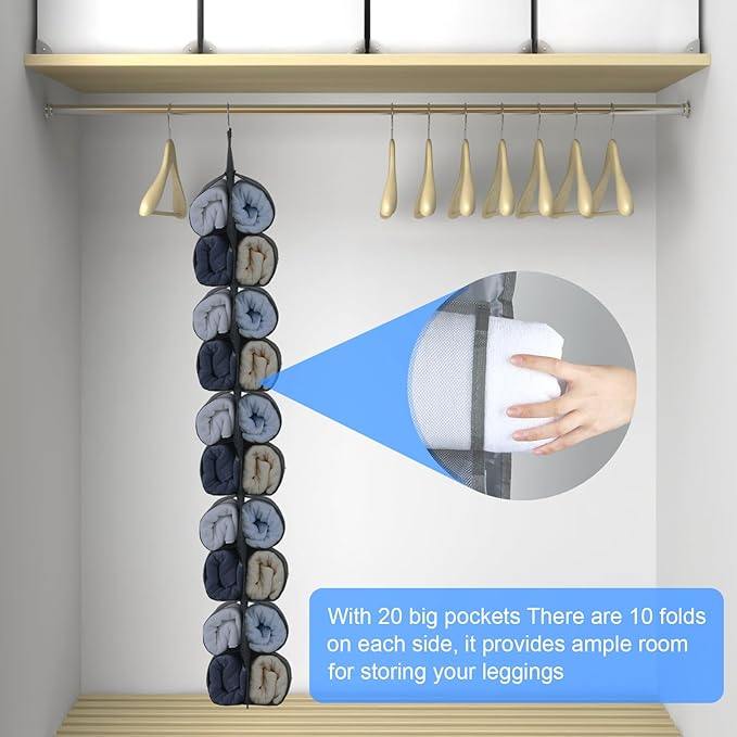 Legging Organizer for Closet Hanging, Hanging Legging Organizer, Legging Storage for Closet, Behind Door, Wardrobe, Clothes Storage, Hanger 20 Pockets Clothes Storage (Black)