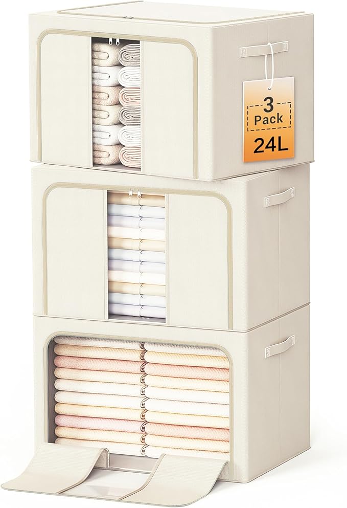 Clothes Storage Bins with Metal Frame Foldable Storage Box Clothes Organizers Storage Containers for Clothes Sheets Blankets Books Toys Gifts and Holiday Decorations (24Lx3 Pack) Beige